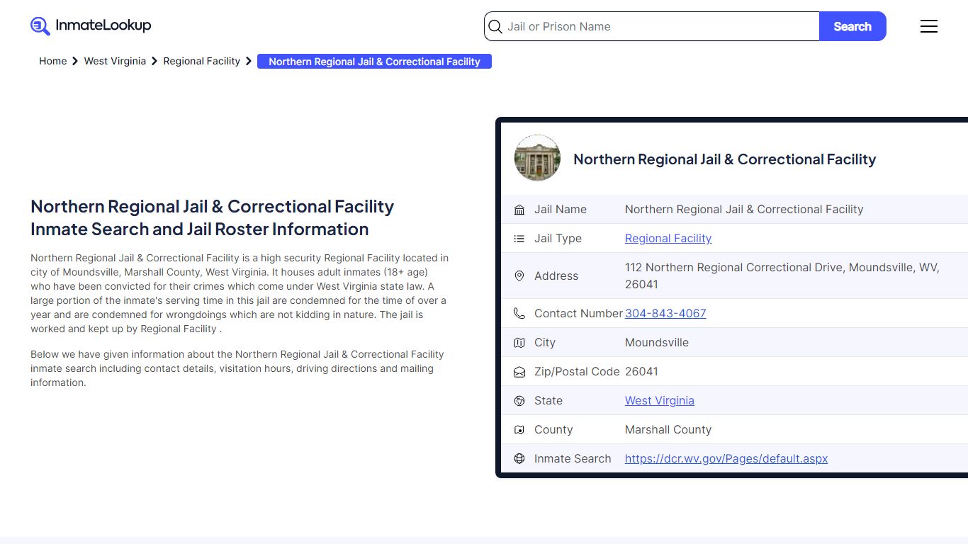 Northern Regional Jail & Correctional Facility Inmate Search ...